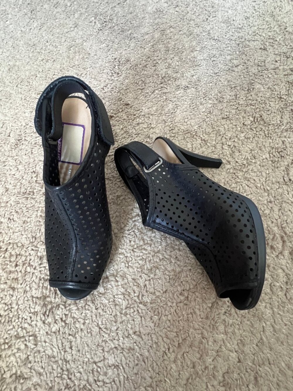 Audrey Brooke Aubrie Black Mesh Peep-Toe Heels w/Adjustable Velcro Ankle Strap